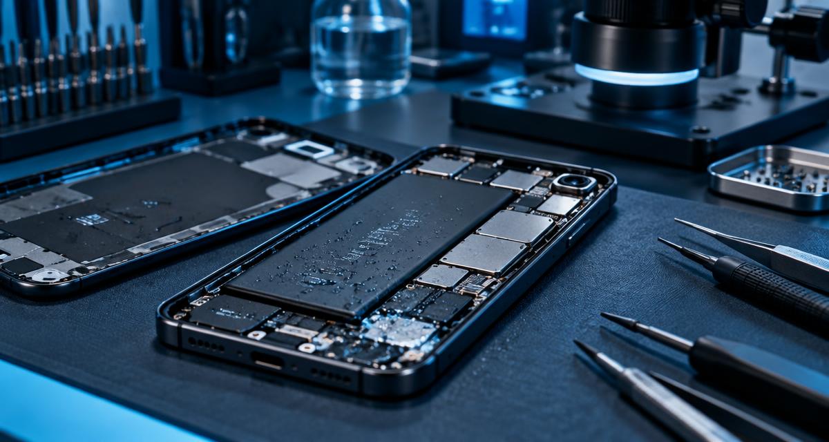 Otwarty smartfon z kroplami wody na stanowisku naprawczym